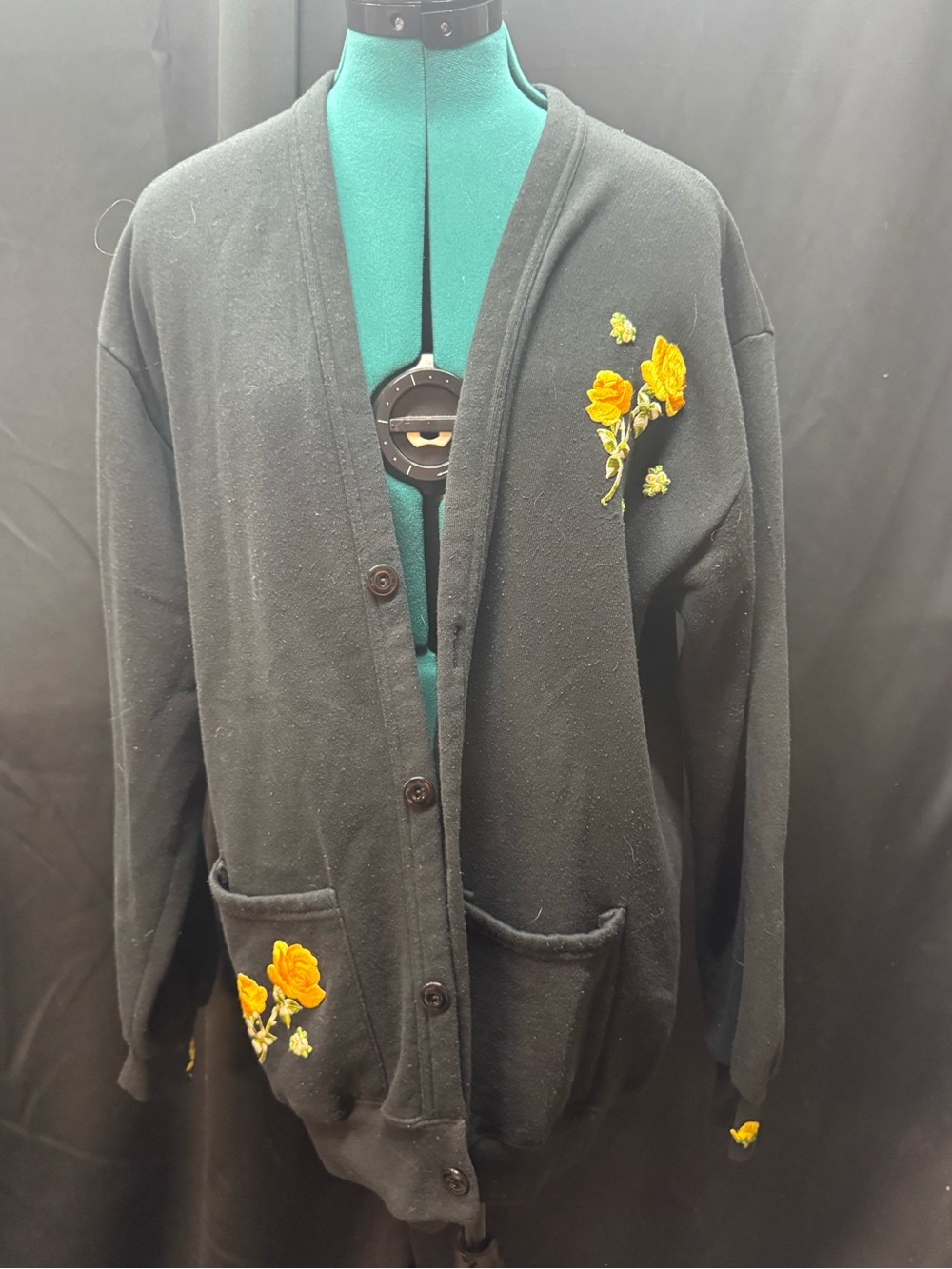 Jerzees Black Cardigan with Yellow Floral Embroidery